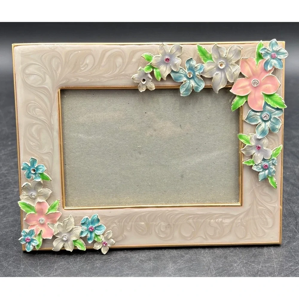 Vtg Style Enamel Floral Picture Frame Rhinestone 3x5 Cream Pink Blue Gold